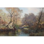 J A HENDERSON TARBET (SCOTTISH C.1865-1937) FISHING A RIVER IN AUTUMN Oil on canvas, signed, 61 x