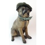 A CONTINENTAL POTTERY FIGURE OF A PUG DOG modelled wearing a hat and smoking a cigarette, 42cm