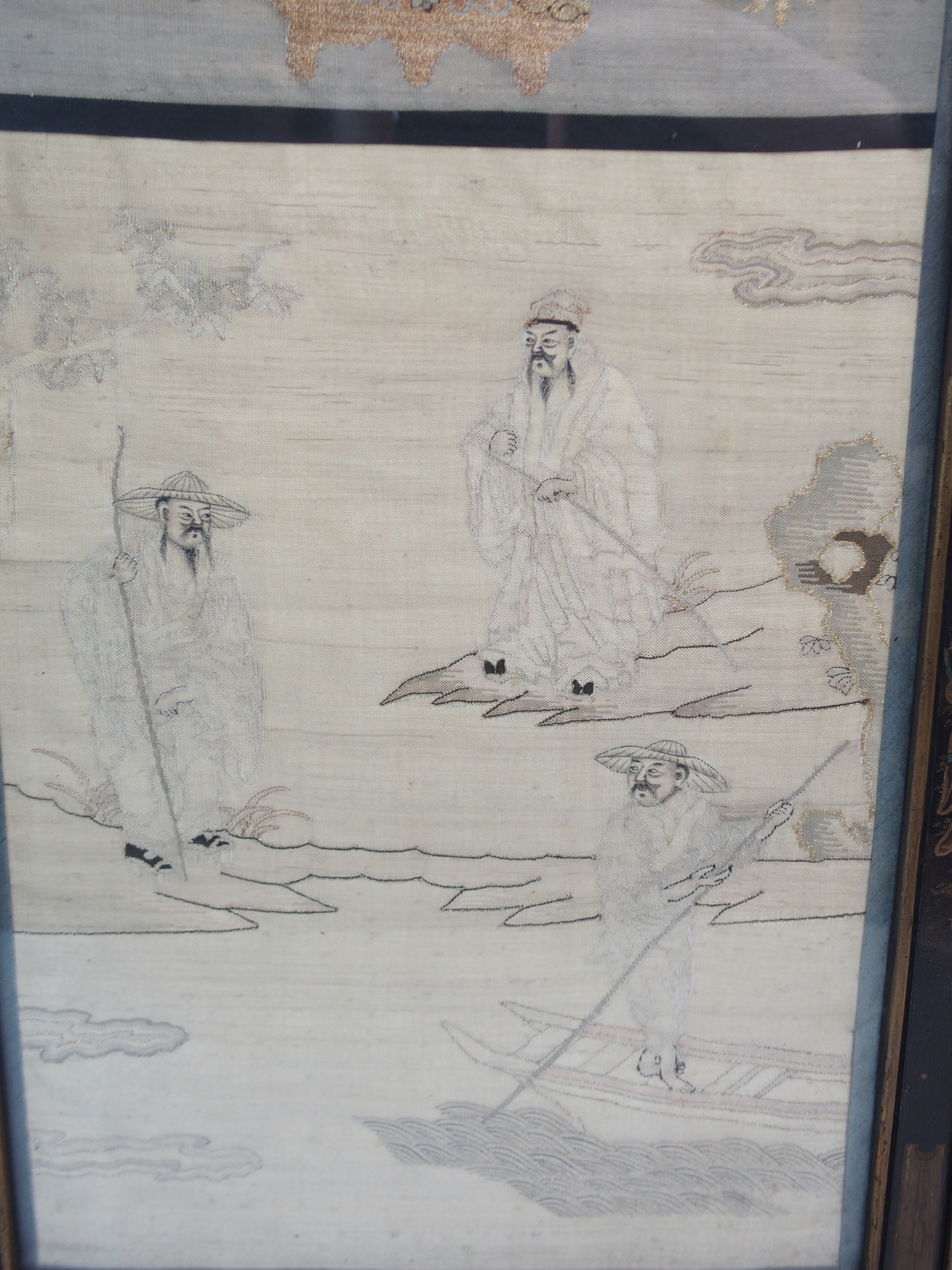 A CHINESE SILK TABLE SCREEN woven with figures on islands and a sampan beneath a jardiniere of - Image 11 of 14