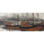 •JAMES WATT RSW, RGI (SCOTTISH B. 1931) BOATS AT HARBOUR Oil on panel board, signed and dated (19)