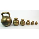 SIX BRASS COUNTY OF LANARK STANDARD WEIGHTS by Bate of London, comprising: 28 pounds, 7 pounds, 4