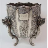 A CHINESE SILVER PRESENTATION LOBED VASE decorated with panels of figures, dragons, birds and