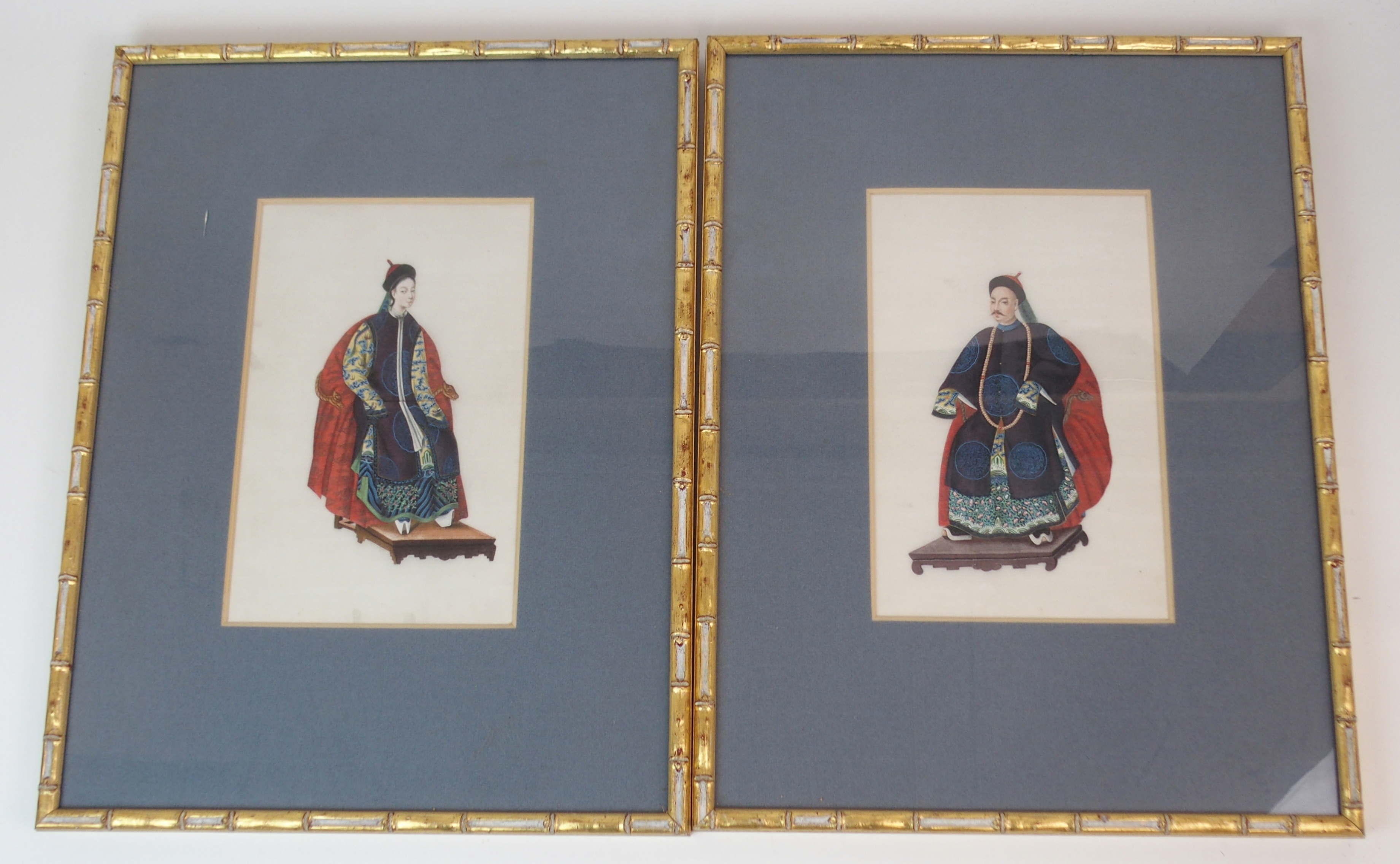 A PAIR OF CHINESE ANCESTOR PORTRAITS OF A MANDARIN AND CONSORT each seated on a throne and wearing - Image 2 of 8