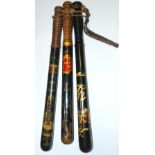 THREE VICTORIAN HARDWOOD PAINTED TRUNCHEONS an Edinburgh example painted with Coat of Arms and