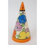 A CLARICE CLIFF BIZARRE CONICAL SUGAR SHAKER IN POPLAR PATTERN painted in colours with flowers and