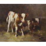 DAVID GAULD RSA (SCOTTISH 1865-1936) TWO AYRSHIRE CALVES IN A BYRE Oil on canvas, signed, 51 x