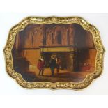 A VICTORIAN PAPIER-MACHE TRAY BY JENNENS & BETTRIDGE with painted image of three gentlemen before