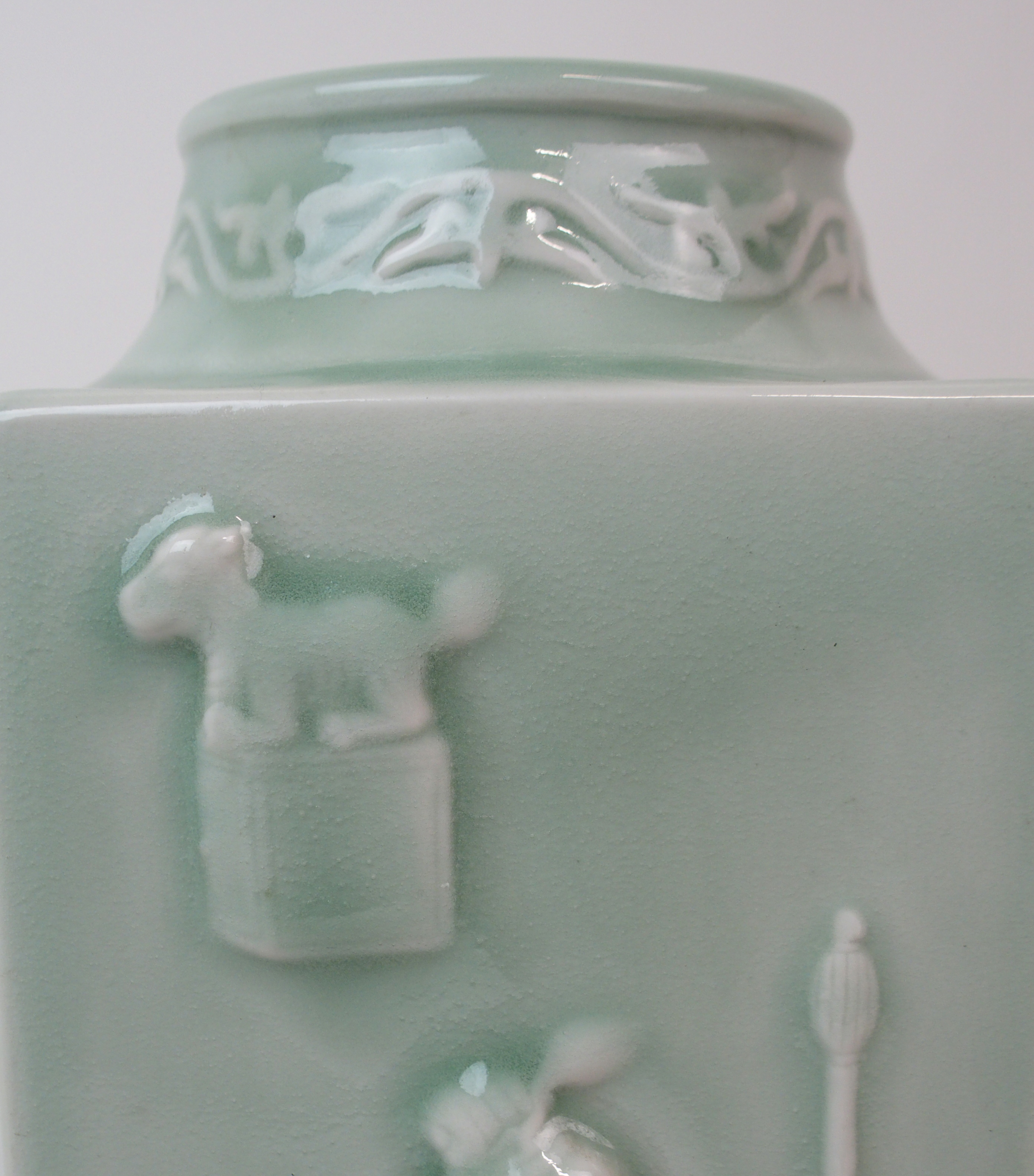 A CHINESE CELADON CONG VASE moulded with figures and symbols with foliate neck and ring foot, - Image 3 of 14