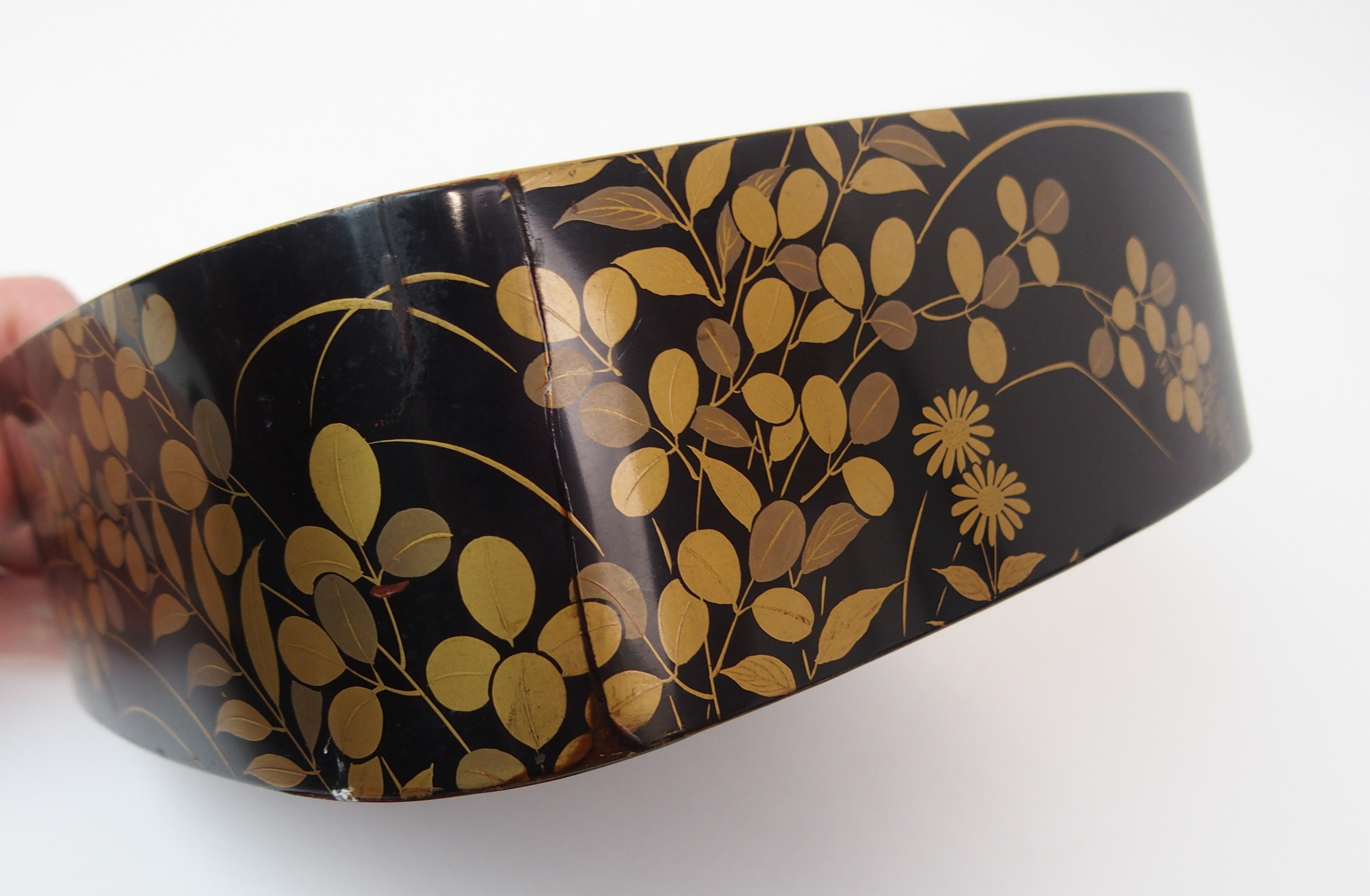 TWO BLACK AND GOLD LACQUERED TWO-SECTION BOXES decorated with birds amongst foliage (cracks and - Image 13 of 14