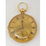 AN 18CT GOLD OPEN FACE POCKET WATCH CASE HALLMARKED LONDON 1851 gold coloured dial, with black Roman
