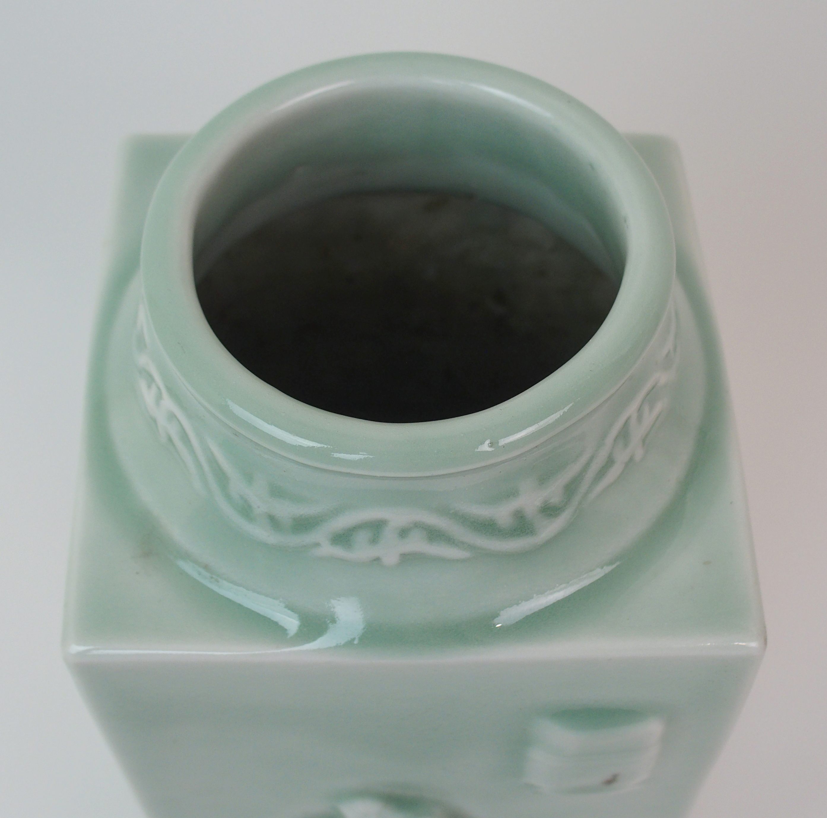 A CHINESE CELADON CONG VASE moulded with figures and symbols with foliate neck and ring foot, - Image 7 of 14