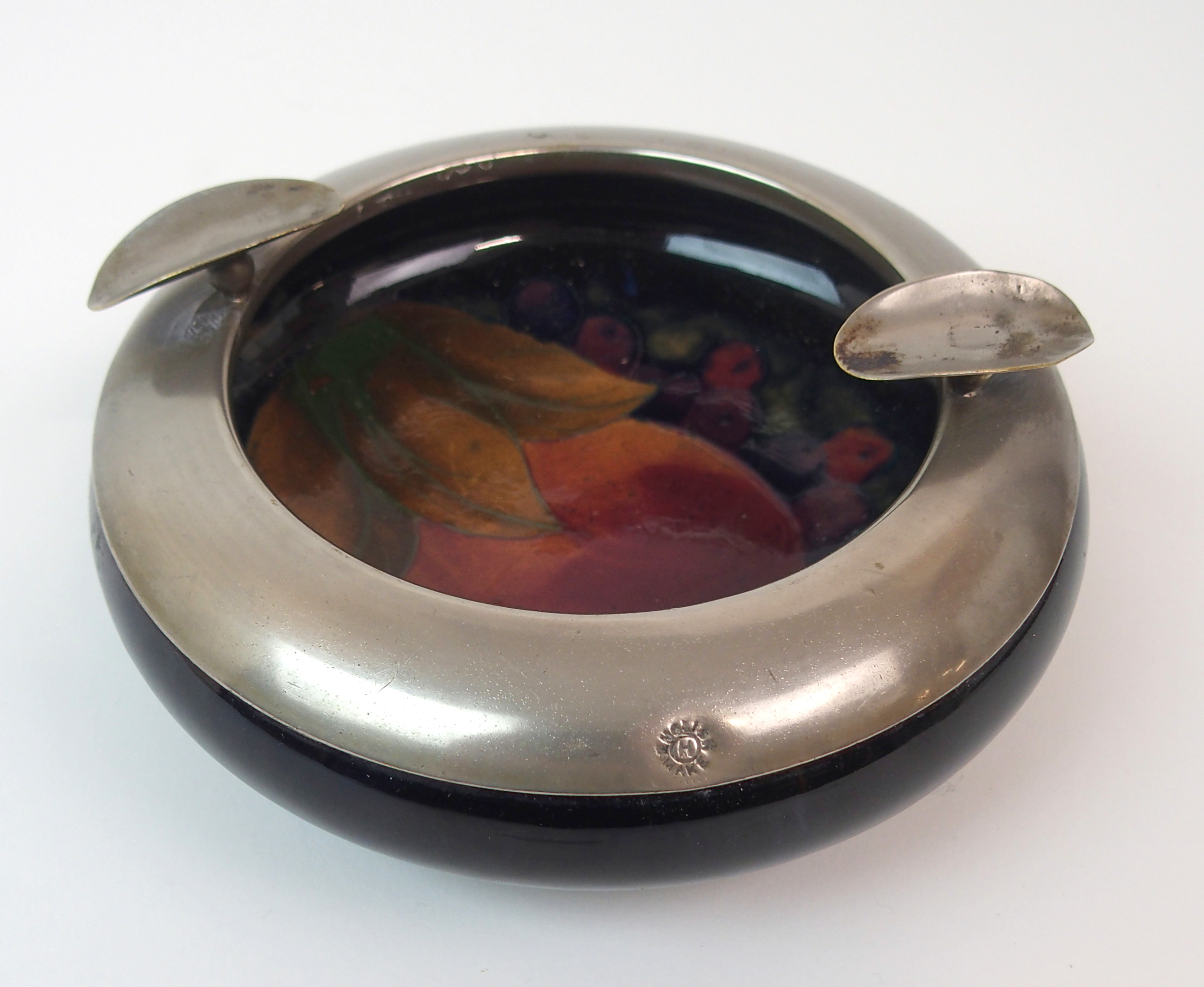 A MOORCROFT POMEGRANATE PATTERN ASHTRAY with English pewter mount, with green signature and - Image 4 of 10
