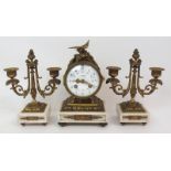 A FRENCH GILT BRONZE AND MARBLE THREE PIECE CLOCK GARNITURE by Samuel Marti, Paris, the circular