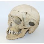 A HUMAN SKULL WITH SPRUNG JAW AND REMOVABLE TOP BY ADAM ROUILLY & CO with label Condition Report: