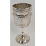 A SILVER GOBLET maker's marks AP, Sheffield 1846, the cylindrical bowl with a band of embossed