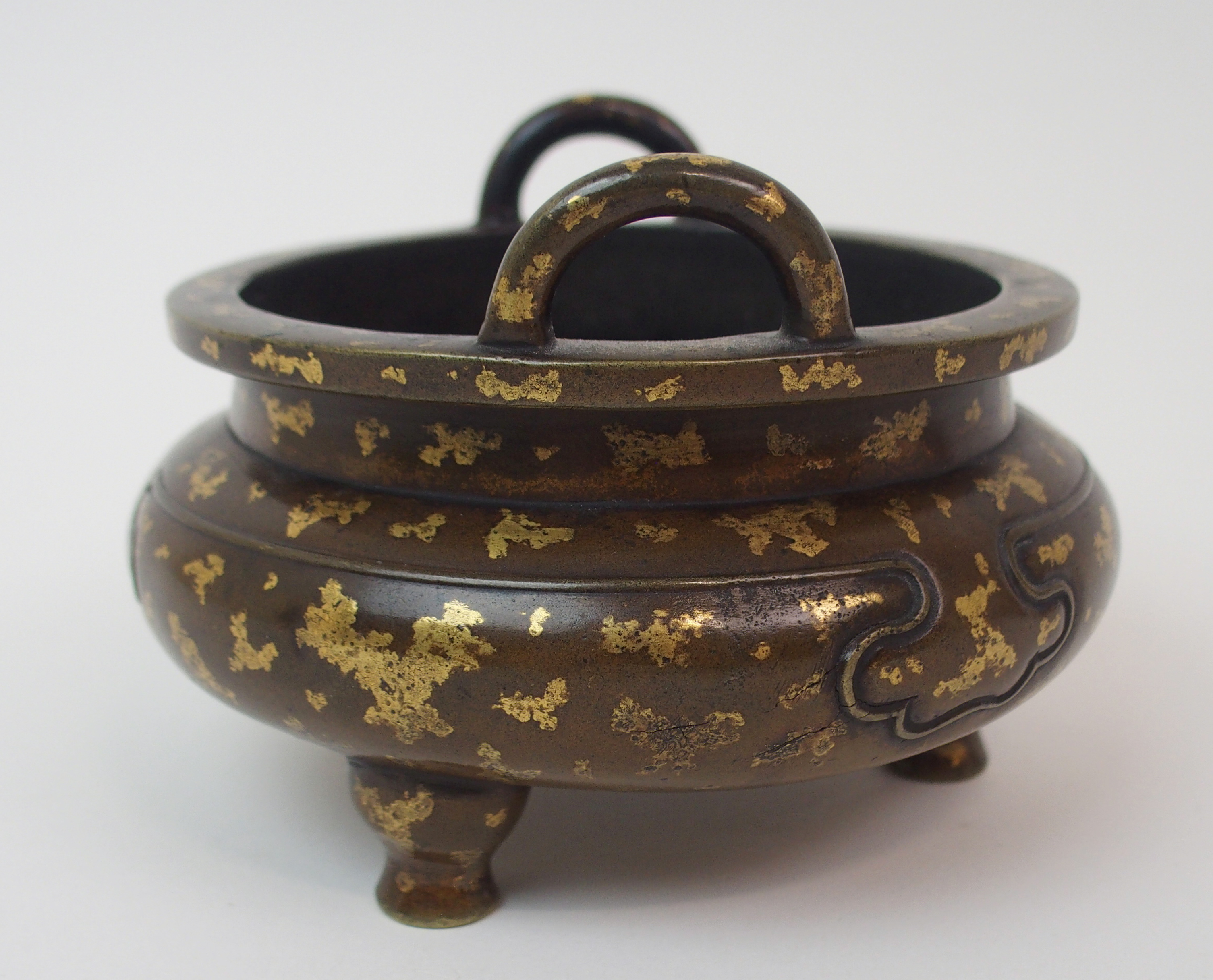 A CHINESE BRONZE GOLD SPLASHED CENSER with a pair of loop handles above a short shoulder cast with - Image 2 of 9