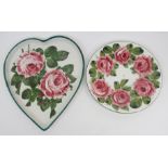 A WEMYSS HEART SHAPED TRAY painted with cabbage roses, with T Goode & Co printed mark and