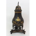 AN 18TH CENTURY DUTCH COFFEE POT ON STAND made of pewter with black and gilt decoration, 36cm high