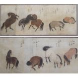 TWO CHINESE WATERCOLOUR PAINTINGS OF HORSES one with four horses in two sections, 26cm x 56cm and