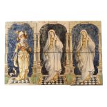 A SELECTION OF STEELE AND WOOD TILES comprising two tiles per group, one painted with a lady and dog