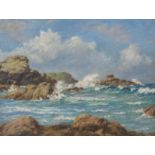 •JOHN MCGHIE (SCOTTISH 1867-1952) BREAKING WAVES ON A ROCKY COASTLINE Oil on canvas, signed, 35.5