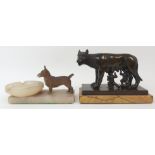 A BRONZE SCULPTURE OF ROMULUS, REMUS AND THE WOLF mounted on marble base, 15cm long together with an