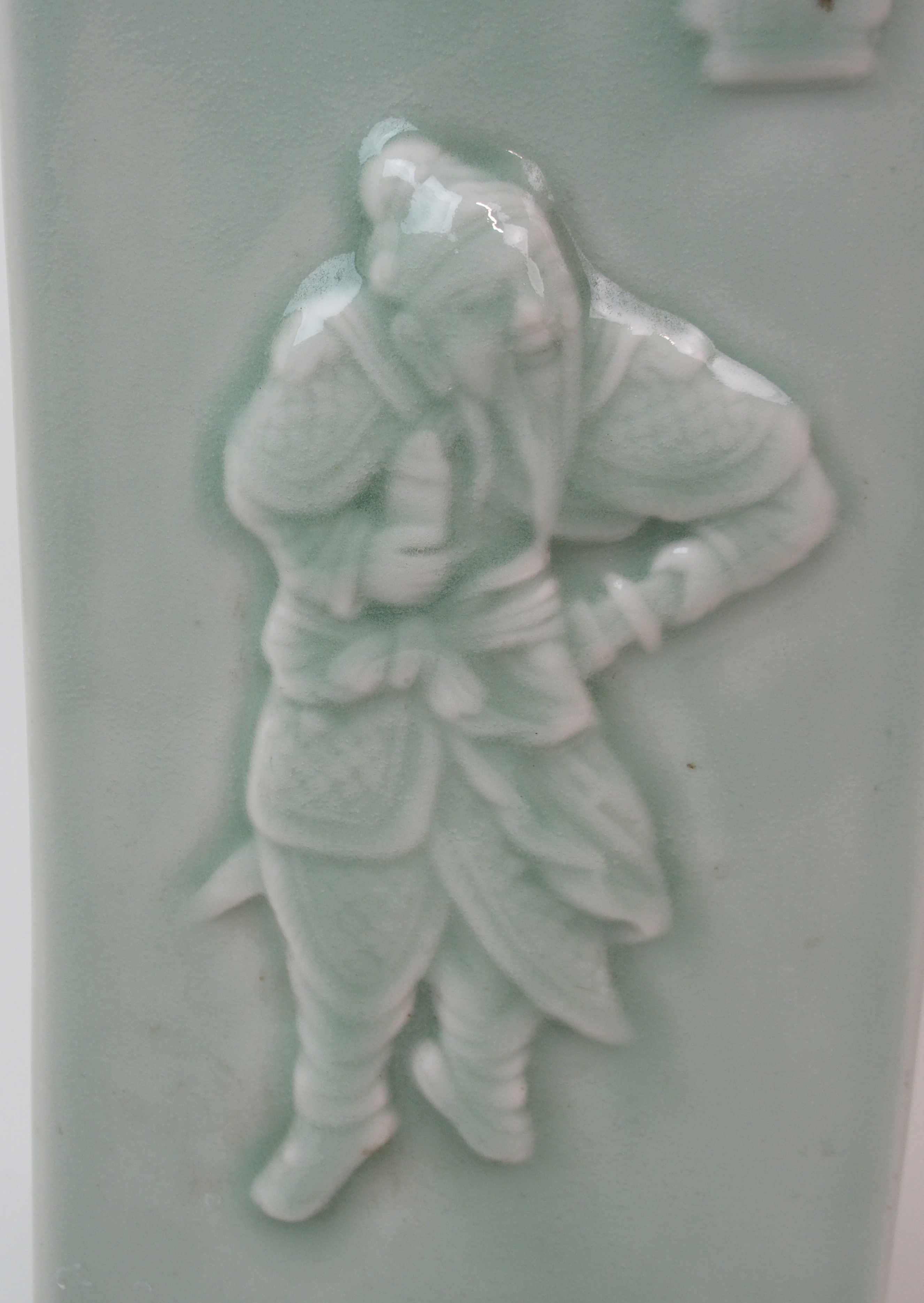 A CHINESE CELADON CONG VASE moulded with figures and symbols with foliate neck and ring foot, - Image 13 of 14