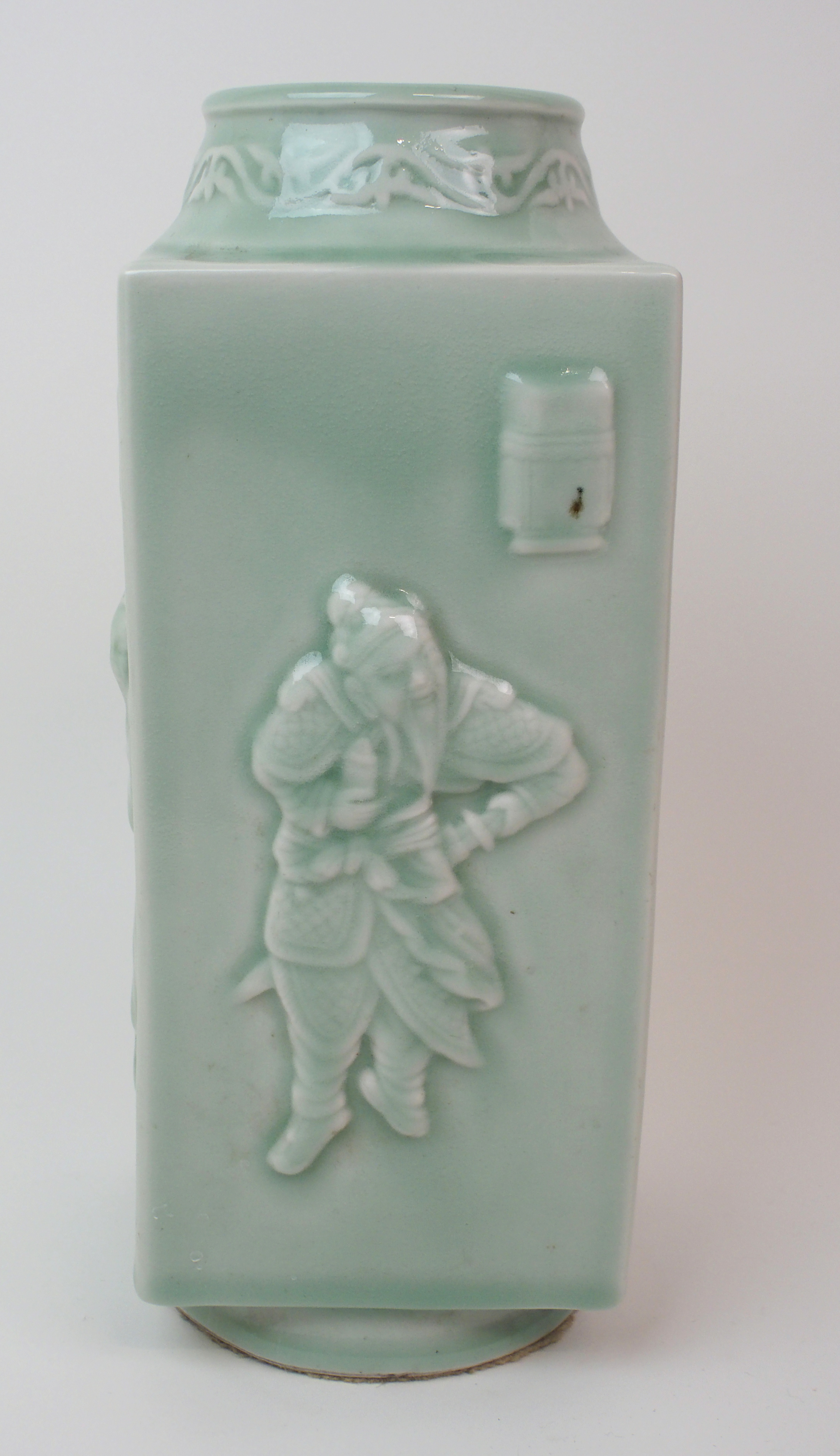 A CHINESE CELADON CONG VASE moulded with figures and symbols with foliate neck and ring foot, - Image 5 of 14