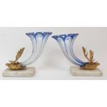 A NEAR PAIR OF 19TH CENTURY CORNUCOPIA TABLE ORNAMENTS the blue flashed glass cornucopia with gilded