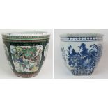 A CHINESE FAMILLE NOIRE / VERTE FISH BOWL 36cm high and a Chinese blue and white hexagonal