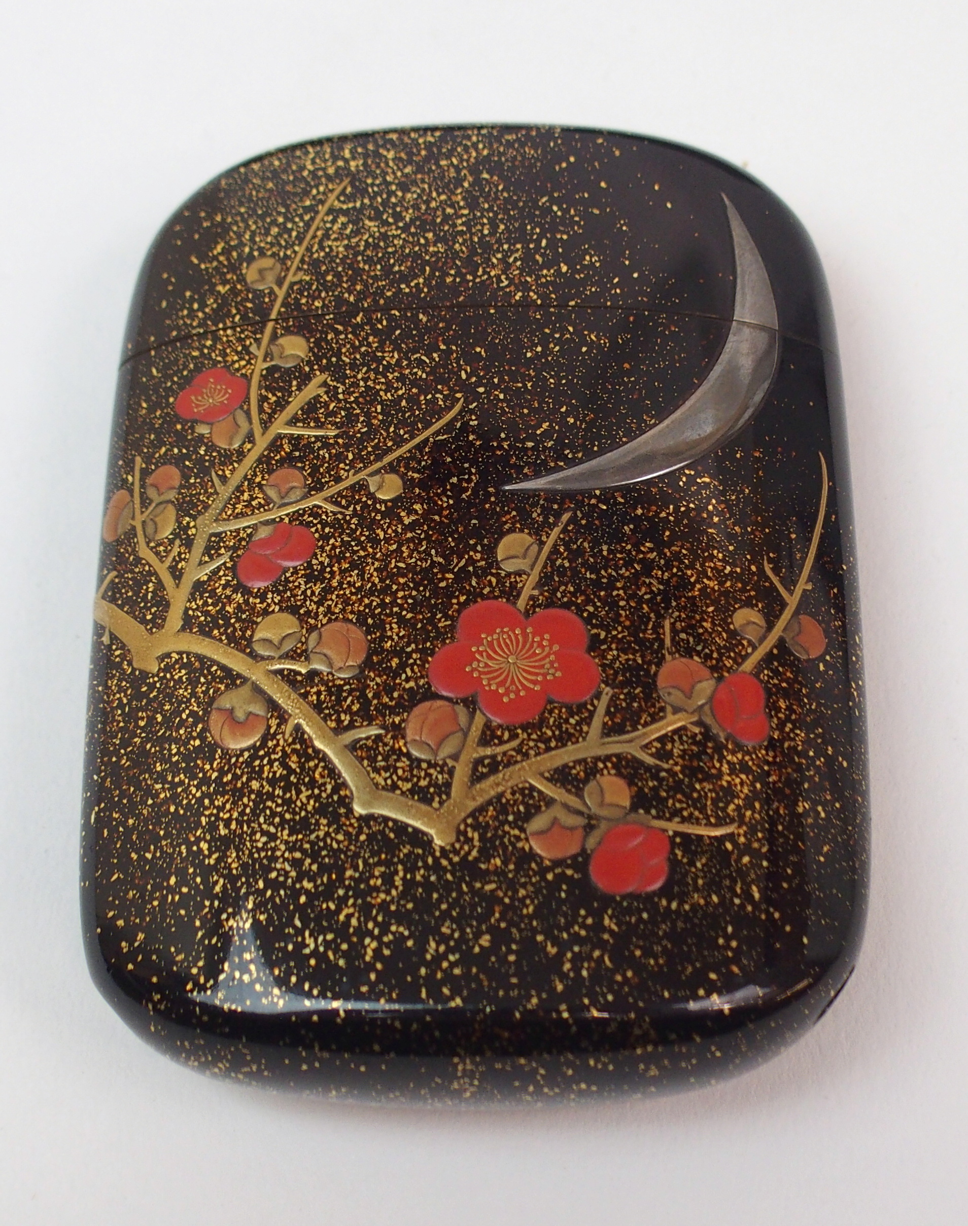 TWO BLACK AND GOLD LACQUERED TWO-SECTION BOXES decorated with birds amongst foliage (cracks and - Image 2 of 14