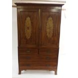 AN EARLY 19TH CENTURY MAHOGANY AND INLAID LINEN PRESS the cornice frieze decorated with shells and