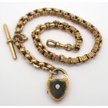 A 9CT GOLD VICTORIAN FANCY FOB CHAIN NECKLACE WITH A BLOODSTONE LOCKET CLASP in the shape of a