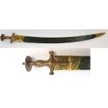 AN INDO PERSIAN TULWAR the curving fullered blade with indecipherable markings, the hilt with gilt