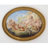 A 19TH CENTURY FRENCH IVORINE MINIATURE AFTER FRANCOISE BOUCHER of oval form and painted in