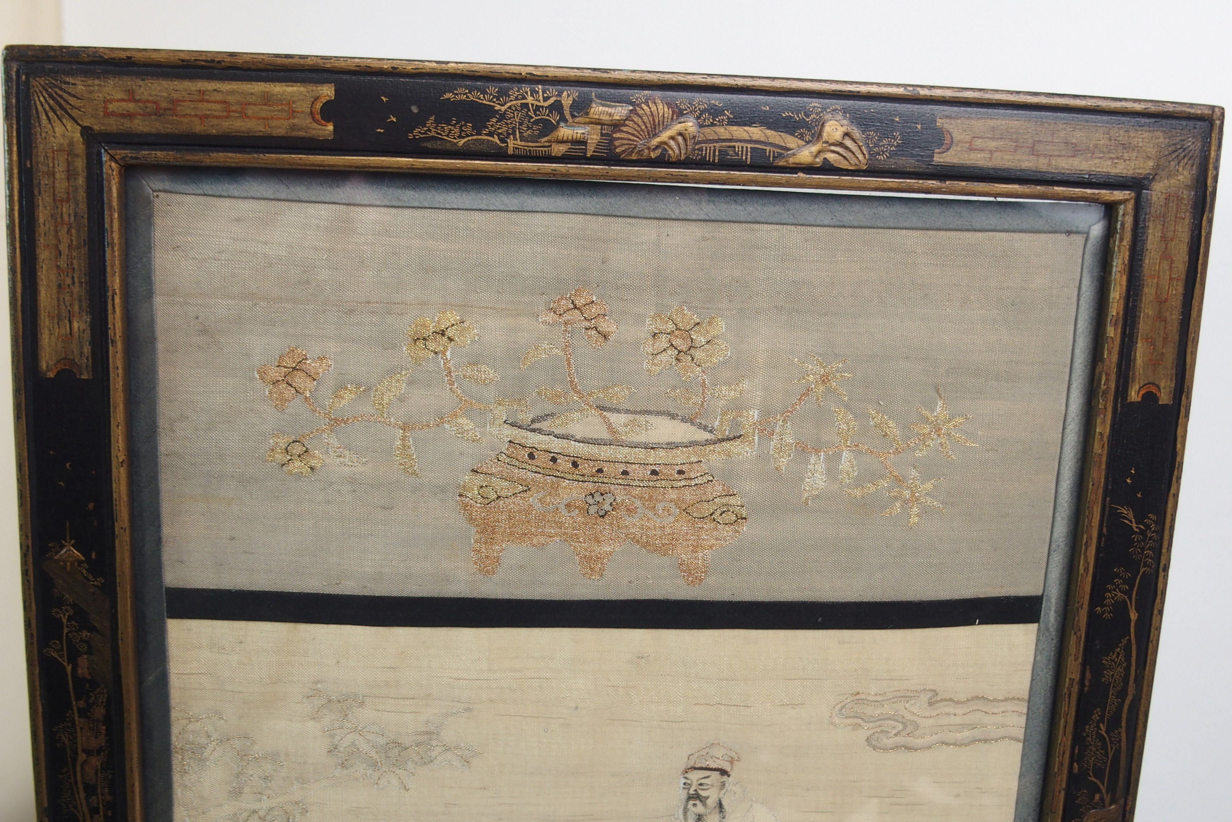 A CHINESE SILK TABLE SCREEN woven with figures on islands and a sampan beneath a jardiniere of - Image 14 of 14