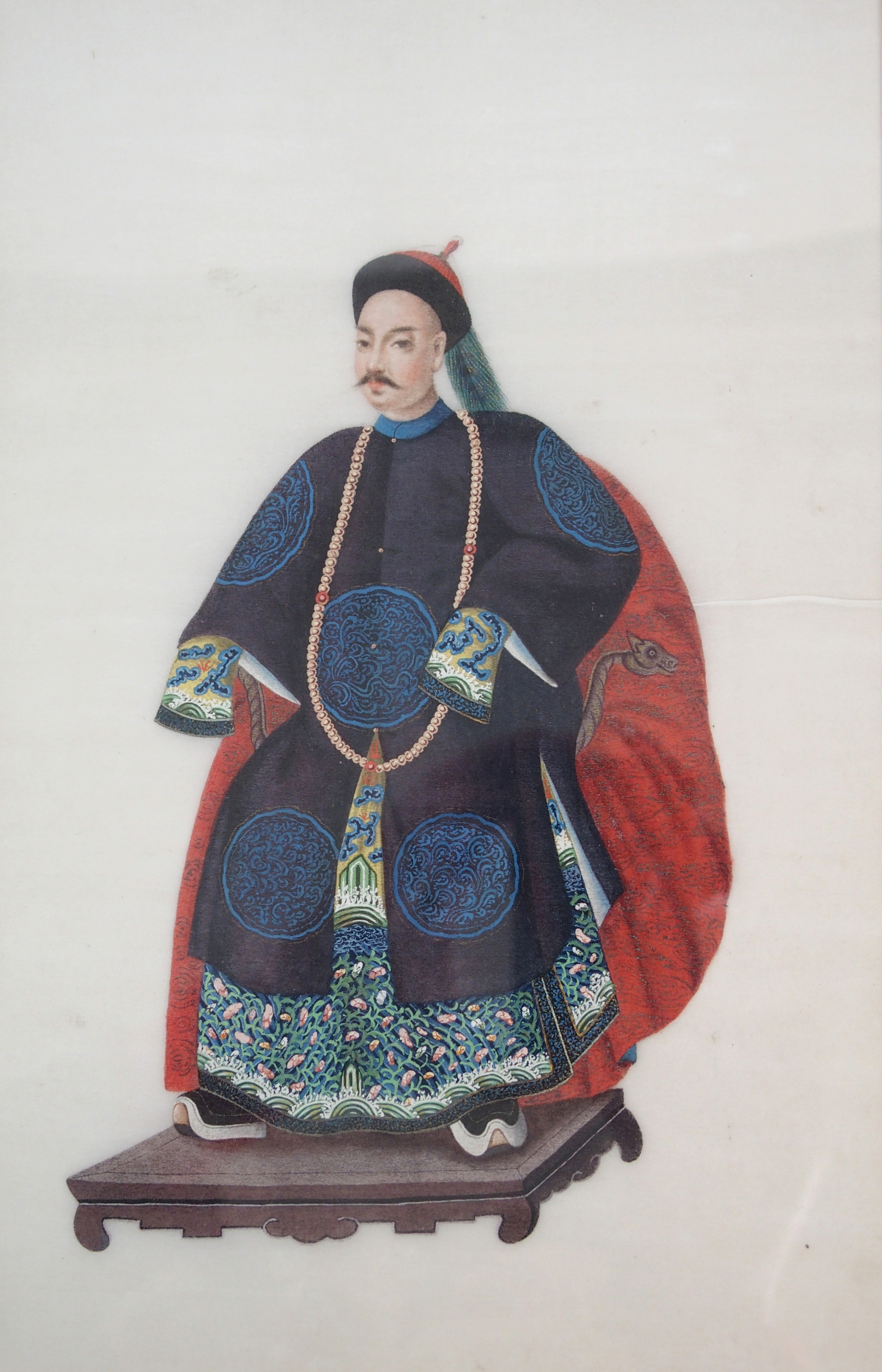 A PAIR OF CHINESE ANCESTOR PORTRAITS OF A MANDARIN AND CONSORT each seated on a throne and wearing - Image 6 of 8