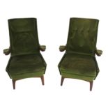 A PAIR OF GREAVES AND THOMAS AFROMOSIA COCKTAIL CHAIRS with green upholstery, 82cm high (2) This