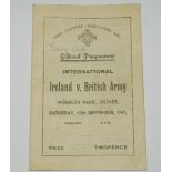 IRELAND V. BRITISH ARMY MATCH PROGRAMME, 13/9/41 the front cover autographed by Tommy Lawton, the