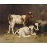 DAVID GAULD RSA (SCOTTISH 1865-1936) AYRSHIRE CALVES BY A WATER BUTT Oil on canvas, signed, 60 x