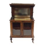 A VICTORIAN WALNUT AND INLAID MUSIC CABINET with brass three quarter gallery above a mirror back and