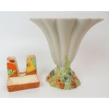 A CLARICE CLIFF BIZARRE NASTURTIUM PATTERN CIGARETTE HOLDER AND ASHTRAY with printed marks to