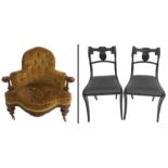 A VICTORIAN WALNUT LADIES PARLOUR CHAIR the button back joined by scroll arms and fluted pillars