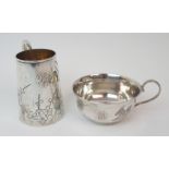 A CHINESE SILVER TANKARD engraved with a bird amongst blossom beside a circular monogrammed