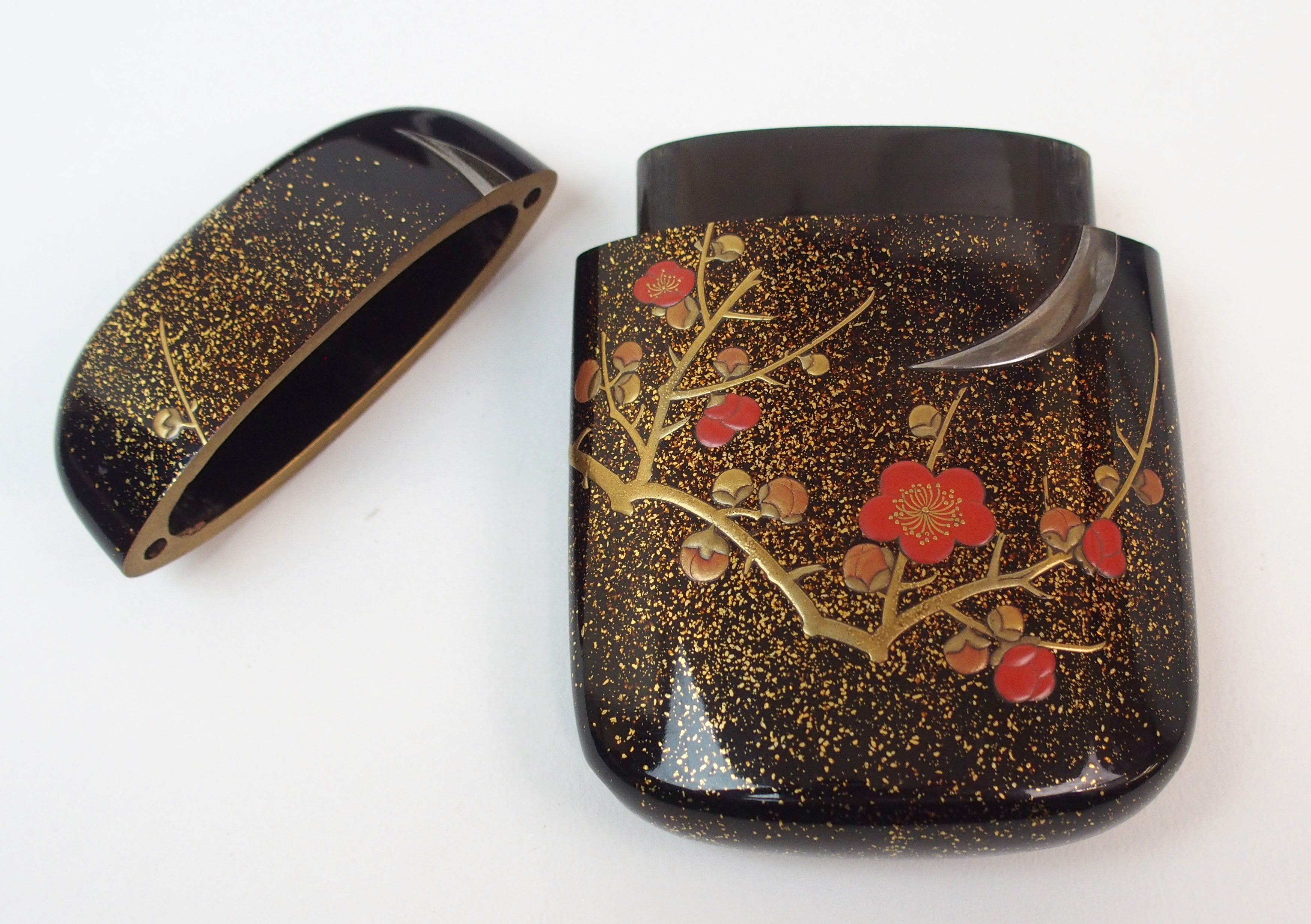 TWO BLACK AND GOLD LACQUERED TWO-SECTION BOXES decorated with birds amongst foliage (cracks and - Image 5 of 14