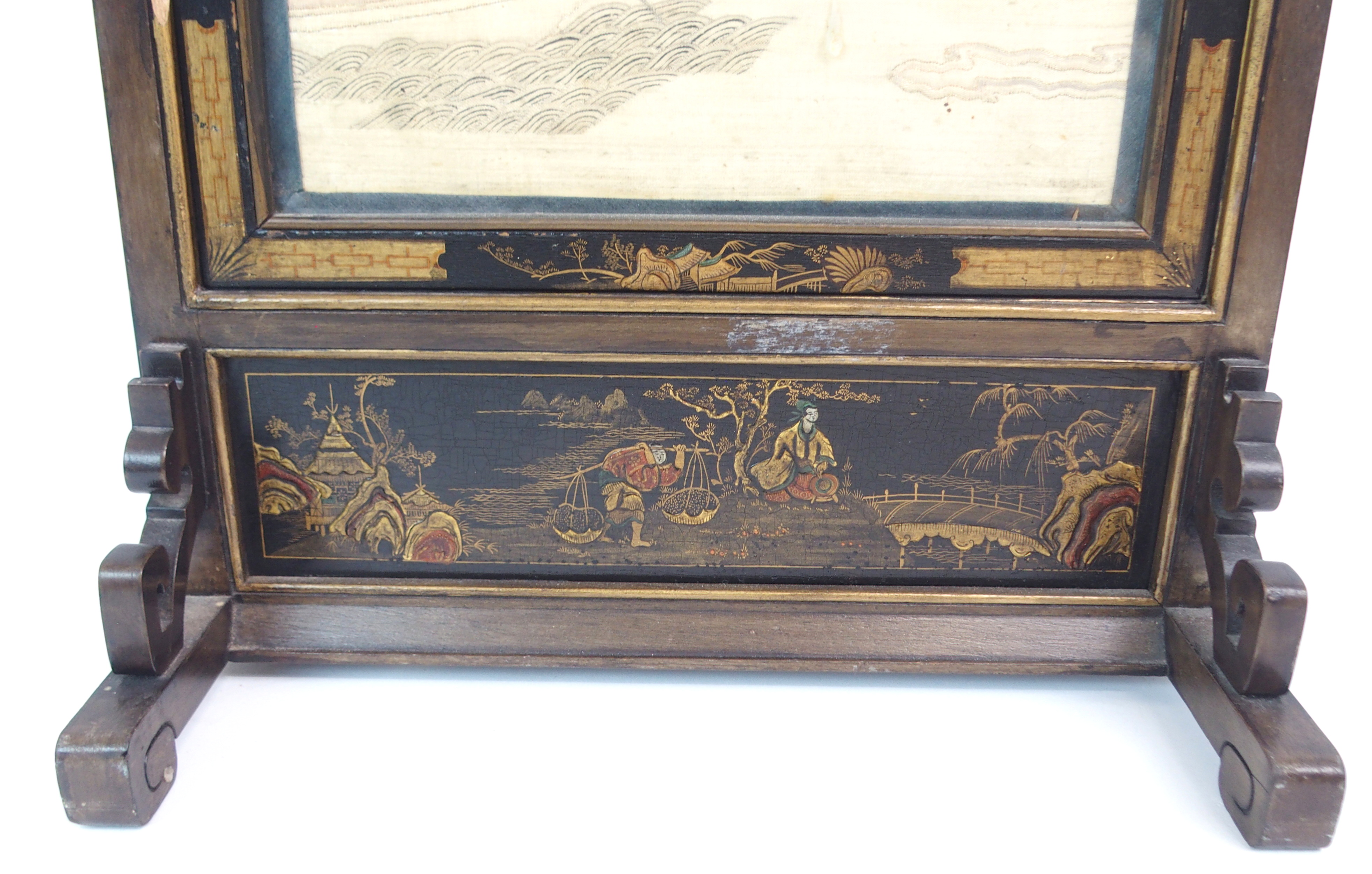 A CHINESE SILK TABLE SCREEN woven with figures on islands and a sampan beneath a jardiniere of - Image 7 of 14