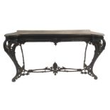 A VICTORIAN CAST IRON PIER TABLE decorated with rococo scroll and foliate frame, 78cm high x 154cm