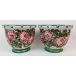 A PAIR OF WEMYSS BELL SHAPED JARDINIERES painted with cabbage roses, buds and foliage with a green