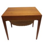 A SEVERIN HANSEN FOR HASLER TEAK SEWING TABLE with single drawer and lower basket, 52cm high x