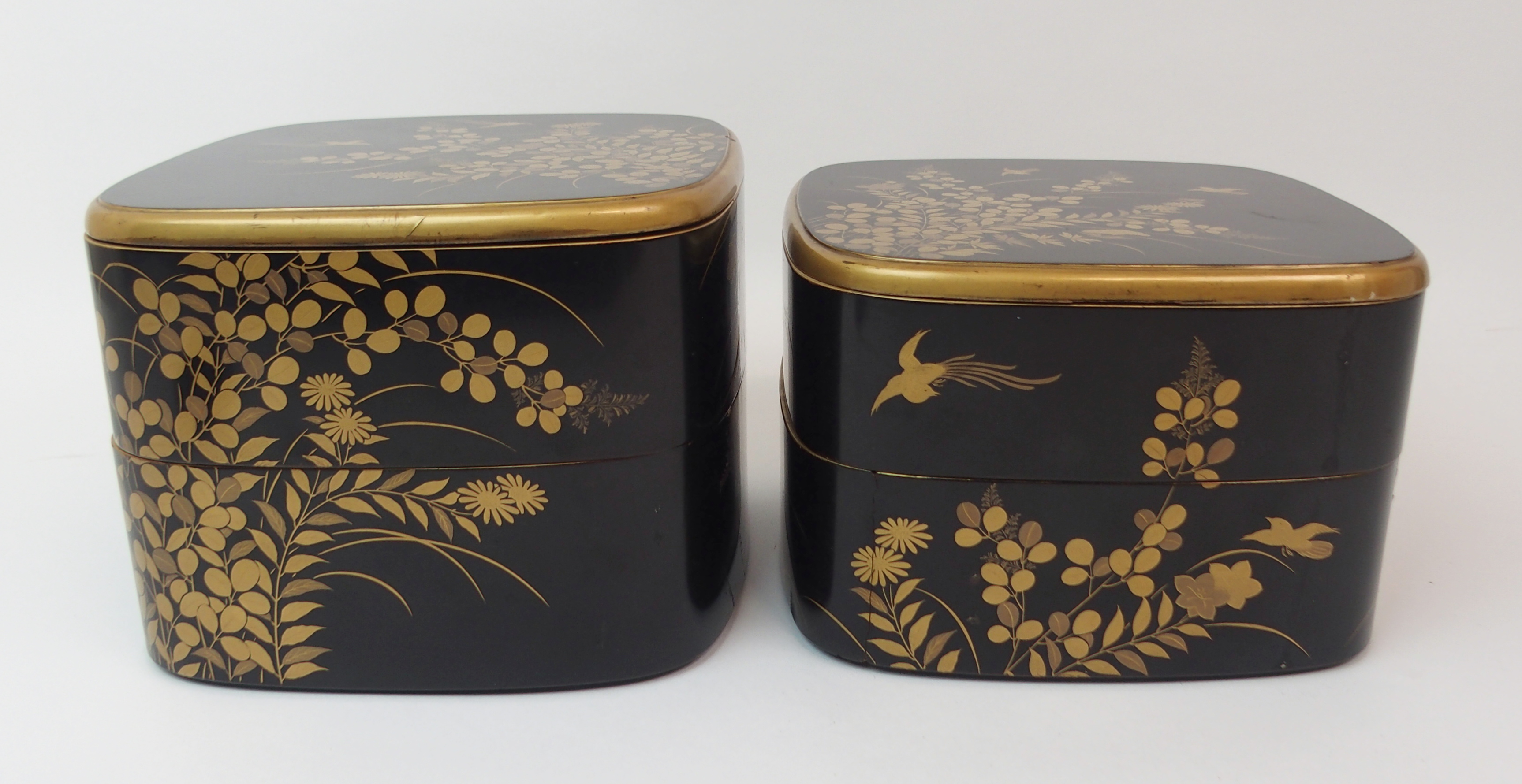 TWO BLACK AND GOLD LACQUERED TWO-SECTION BOXES decorated with birds amongst foliage (cracks and - Image 6 of 14